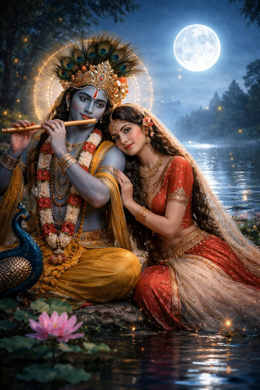Radha Krishna Moonlight Romantic Image HD | Vrindavan Night 4K Wallpaper