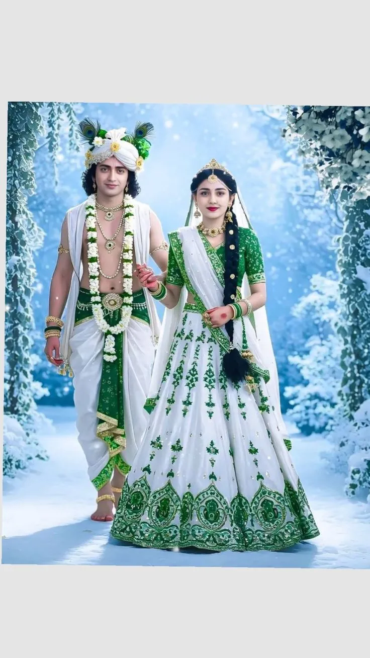 Radha Krishna Beautiful Green White Wedding Style HD Image